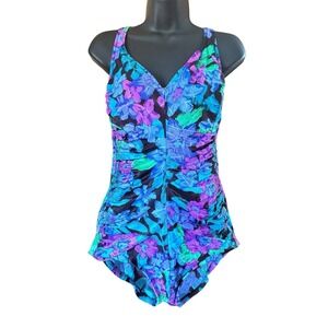 Vintage Le Cove Floral One Piece Swimsuit 20W Blue Ruched Low Back Tummy Control